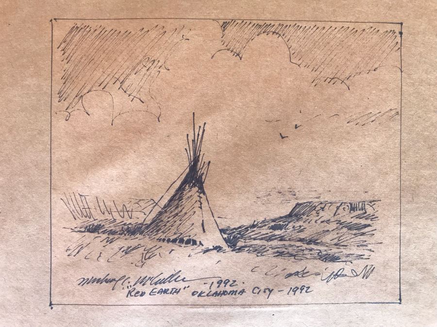 JUST ADDED - Original Michael C. McCullough Watercolor Painting With Antique 1100-1250 Indian Pottery Sherd (Also Original Pen And Ink Drawing On Back) 35' X 31' [Photo 2]