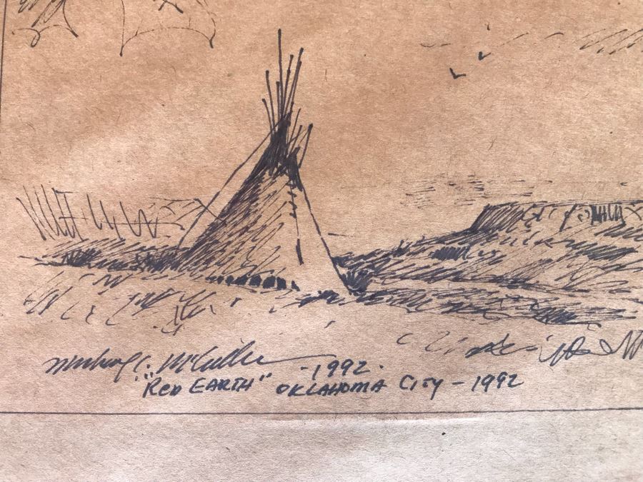 JUST ADDED - Original Michael C. McCullough Watercolor Painting With Antique 1100-1250 Indian Pottery Sherd (Also Original Pen And Ink Drawing On Back) 35' X 31' [Photo 18]