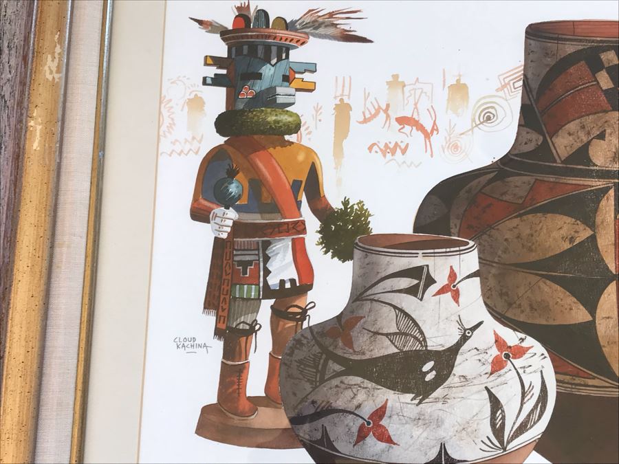 JUST ADDED - Original Michael C. McCullough Watercolor Painting With Antique 1100-1250 Indian Pottery Sherd (Also Original Pen And Ink Drawing On Back) 35' X 31' [Photo 13]