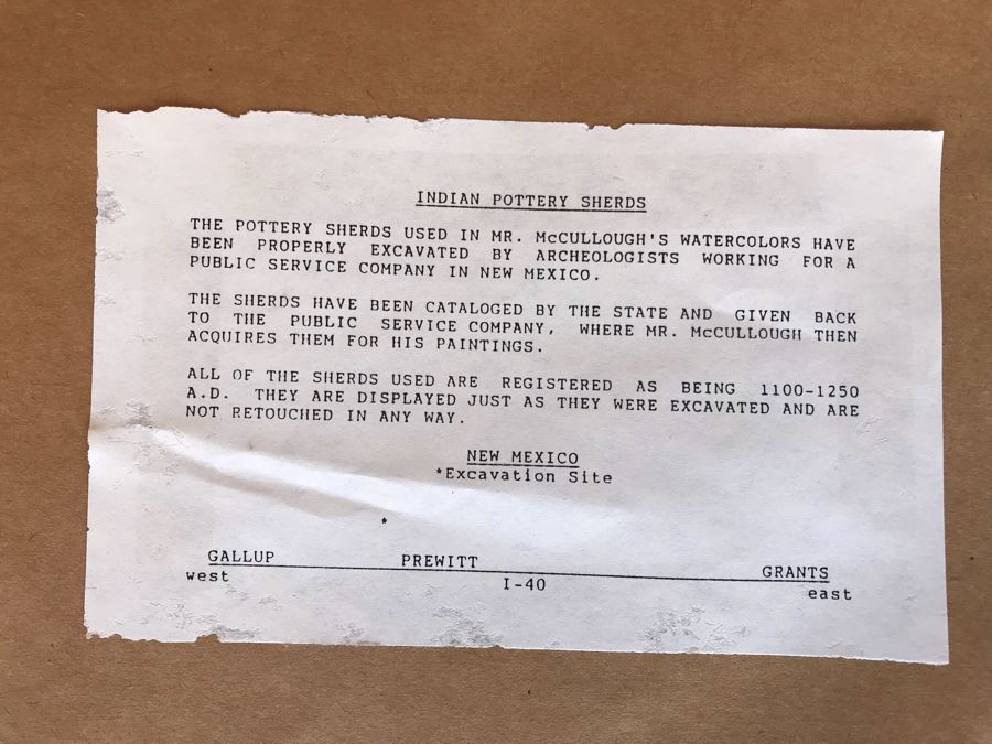 JUST ADDED - Original Michael C. McCullough Watercolor Painting With Antique 1100-1250 Indian Pottery Sherd (Also Original Pen And Ink Drawing On Back) 35' X 31' [Photo 17]