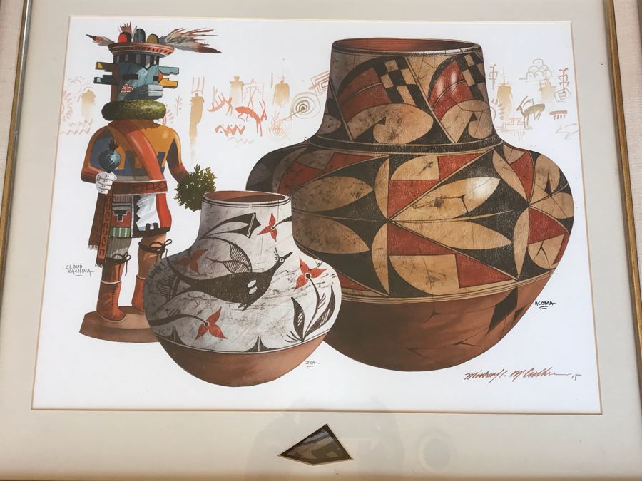 JUST ADDED - Original Michael C. McCullough Watercolor Painting With Antique 1100-1250 Indian Pottery Sherd (Also Original Pen And Ink Drawing On Back) 35' X 31' [Photo 3]