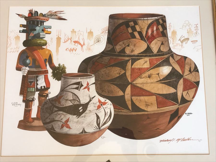 JUST ADDED - Original Michael C. McCullough Watercolor Painting With Antique 1100-1250 Indian Pottery Sherd (Also Original Pen And Ink Drawing On Back) 35' X 31' [Photo 9]