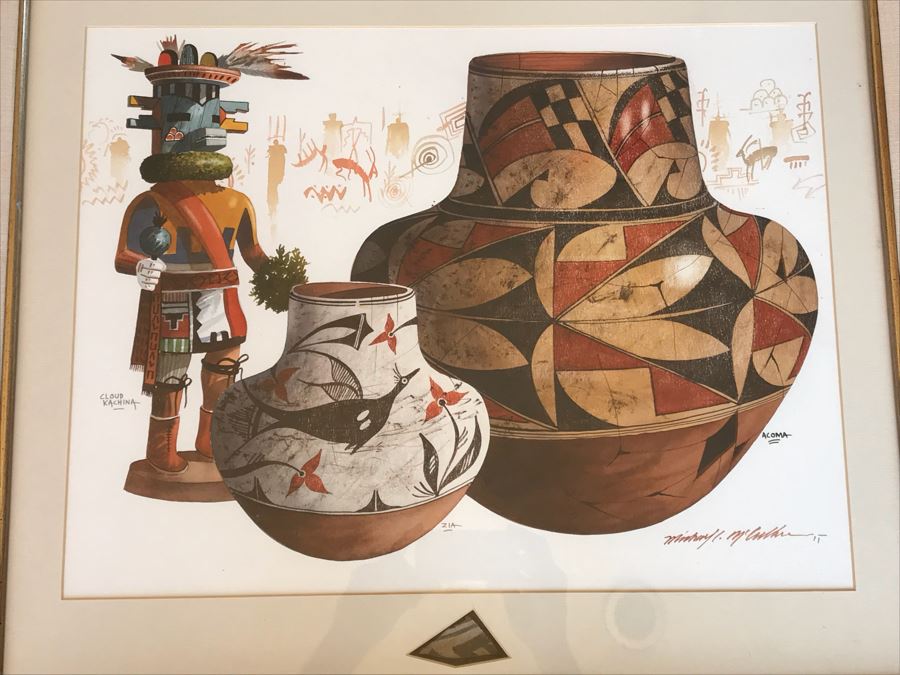 JUST ADDED - Original Michael C. McCullough Watercolor Painting With Antique 1100-1250 Indian Pottery Sherd (Also Original Pen And Ink Drawing On Back) 35' X 31' [Photo 8]