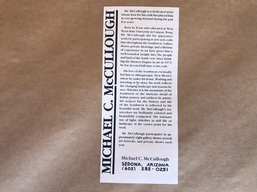 JUST ADDED - Original Michael C. McCullough Watercolor Painting With Antique 1100-1250 Indian Pottery Sherd (Also Original Pen And Ink Drawing On Back) 35' X 31' [Photo 16]