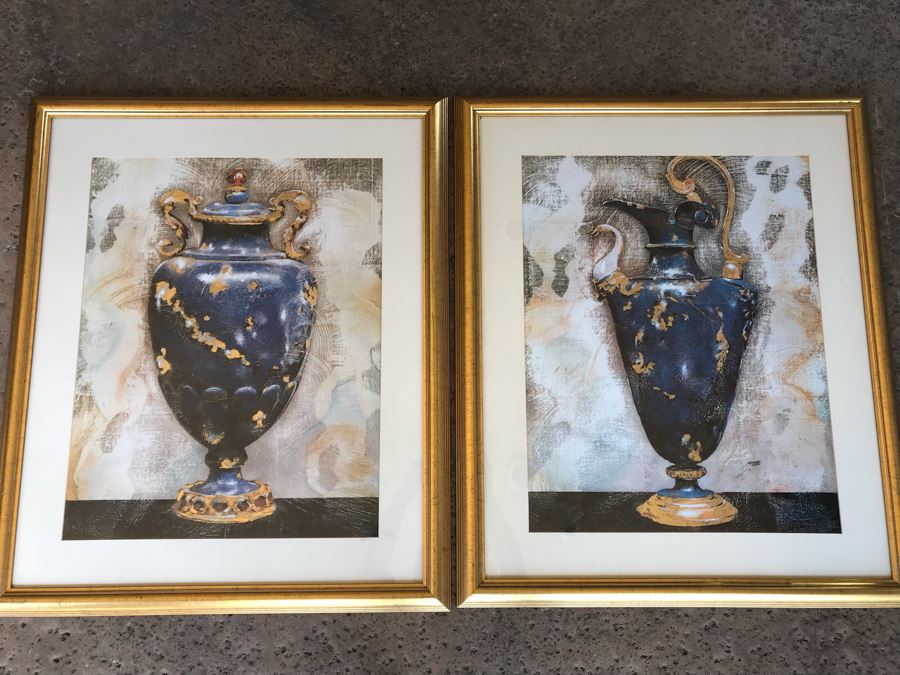 JUST ADDED - Pair Of Gilt Framed Prints Of Vase And Ewer 31' X 37'