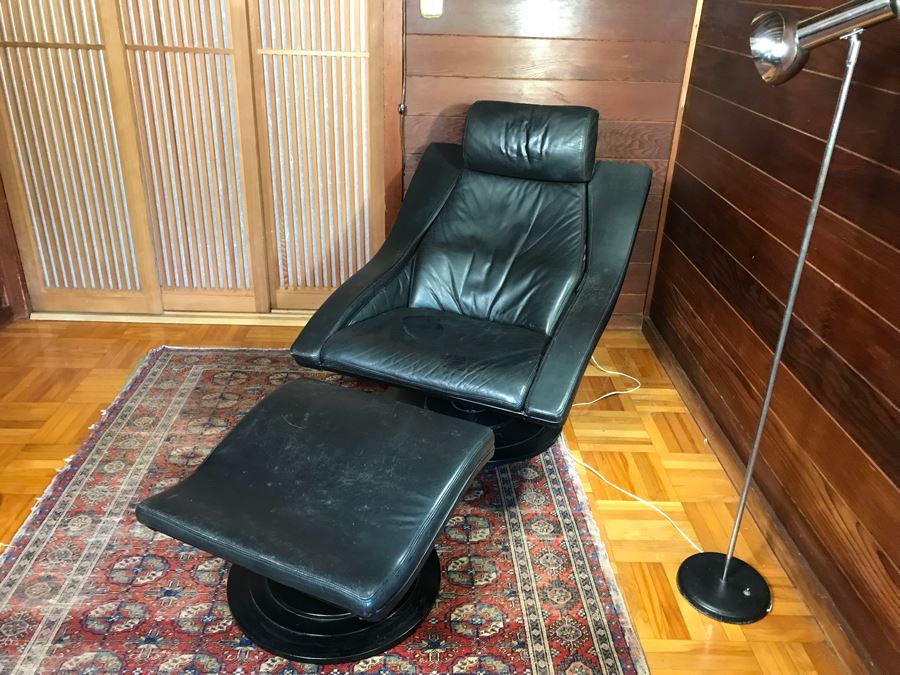 NELO Swedish Leather Mid-Century Modern Swivel Lounge Armchair With Ottoman [Photo 5]