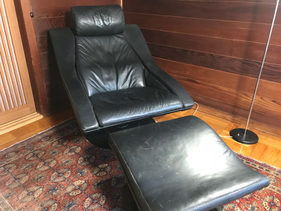 NELO Swedish Leather Mid-Century Modern Swivel Lounge Armchair With Ottoman [Photo 8]