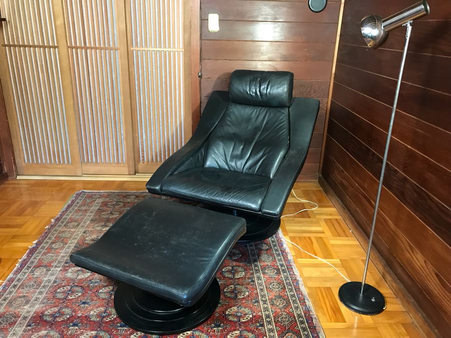 NELO Swedish Leather Mid-Century Modern Swivel Lounge Armchair With Ottoman [Photo 4]