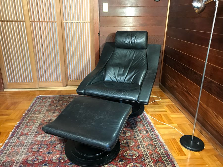 NELO Swedish Leather Mid-Century Modern Swivel Lounge Armchair With Ottoman [Photo 3]