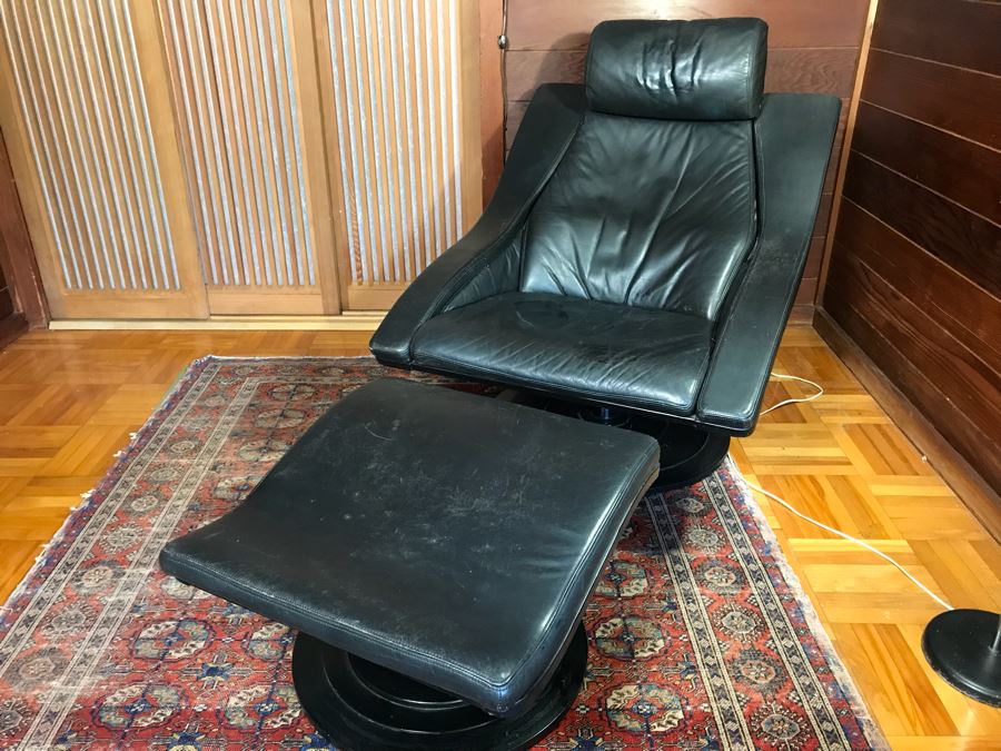 NELO Swedish Leather Mid-Century Modern Swivel Lounge Armchair With Ottoman [Photo 6]