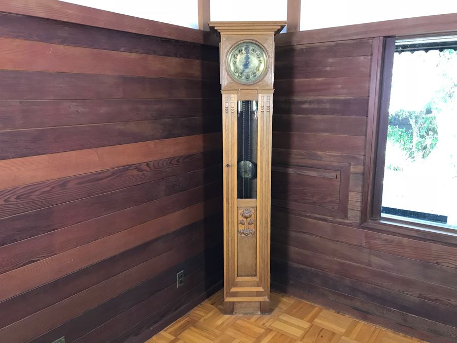 Stunning Arts & Crafts Carved Wooden Grandfather Case Clock With D.G.M.S. Clock Movement - Was Working May Need Servicing [Photo 4]