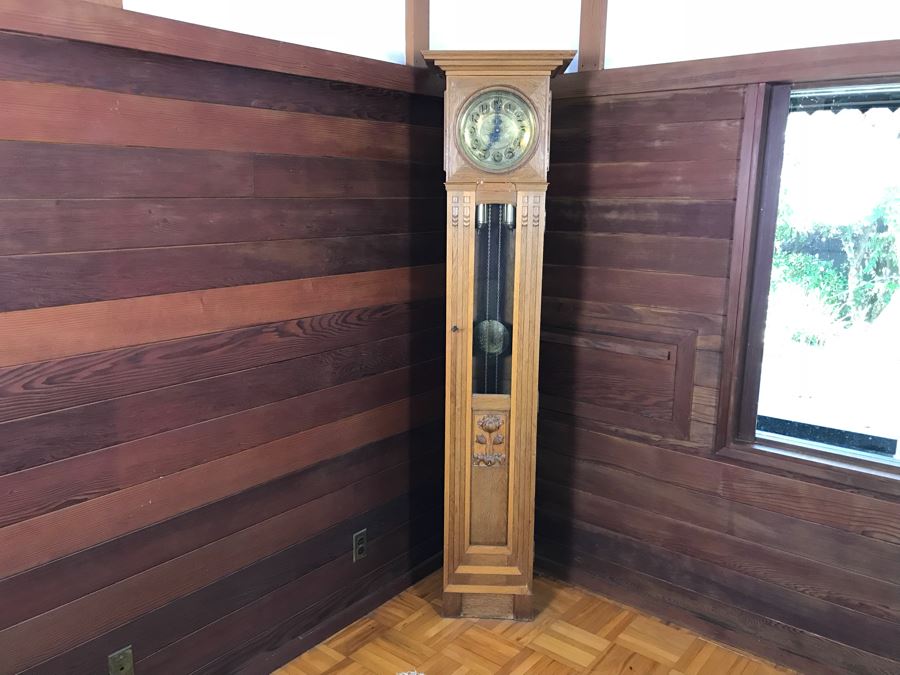Stunning Arts & Crafts Carved Wooden Grandfather Case Clock With D.G.M.S. Clock Movement - Was Working May Need Servicing [Photo 2]