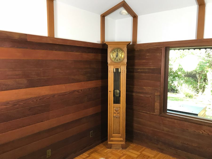 Stunning Arts & Crafts Carved Wooden Grandfather Case Clock With D.G.M.S. Clock Movement - Was Working May Need Servicing [Photo 3]