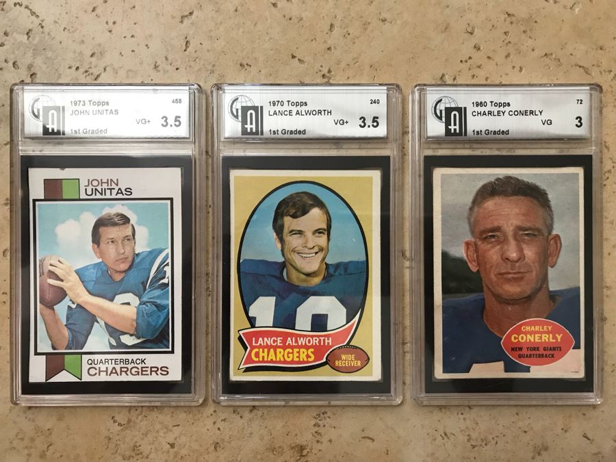 (3) Vintage Graded Football Cards: San Diego Chargers John Unitas, San Diego Chargers Lance Alworth And New York Giants Charley Conerly