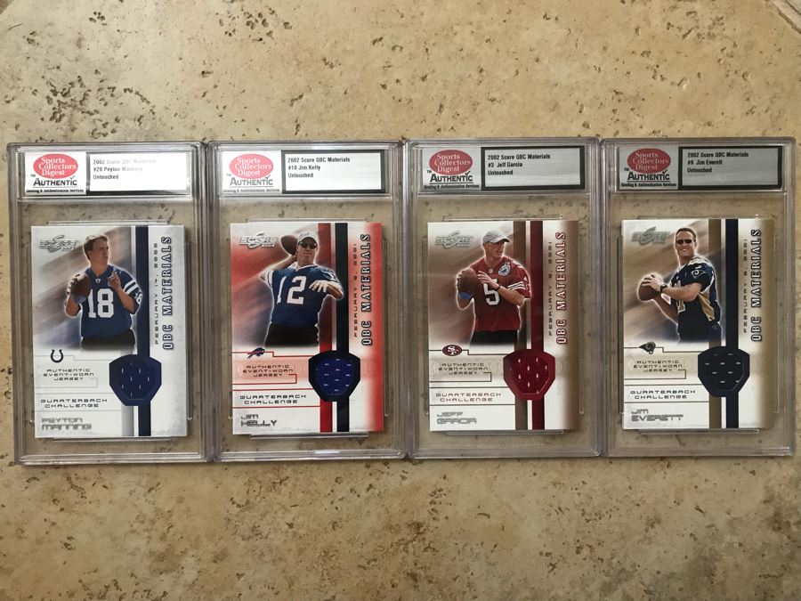 (4) Untouched Authentic Event-Worn Jersey Football Cards: Peyton Manning, Jim Kelly, Jeff Garcia And Jim Everett