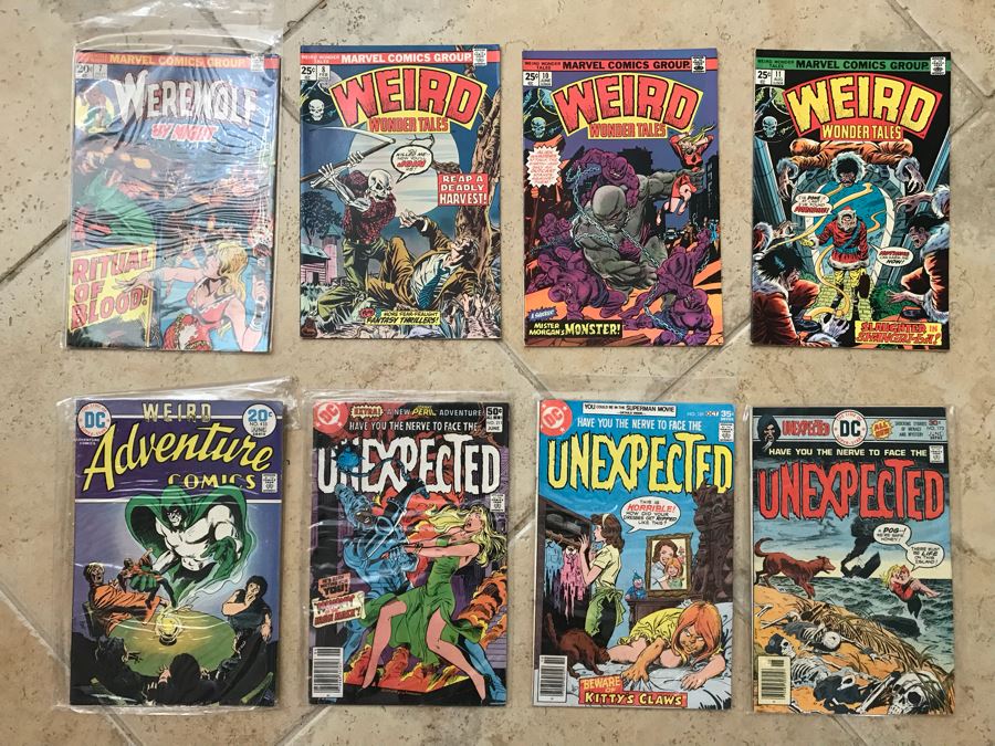 (8) Vintage Comic Books: Marvel DC Comics Werewolf By Night, Weird Wonder Tales, Weird Adventure Comics, Unexpected