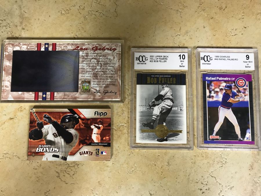 Graded 10 Baseball Card Bob Feller, Graded 9 Baseball Card Rafael Palmeiro, Barry Bonds Flipp Card And Lou Gehrig Limited Edition Card [Photo 1]