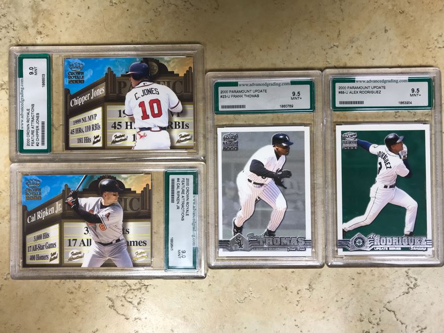 Graded 9 Baseball Cards Chipper Jones And Cal Ripken Jr., Graded 9.5 Baseball Cards Frank Thomas And Alex Rodriguez [Photo 1]