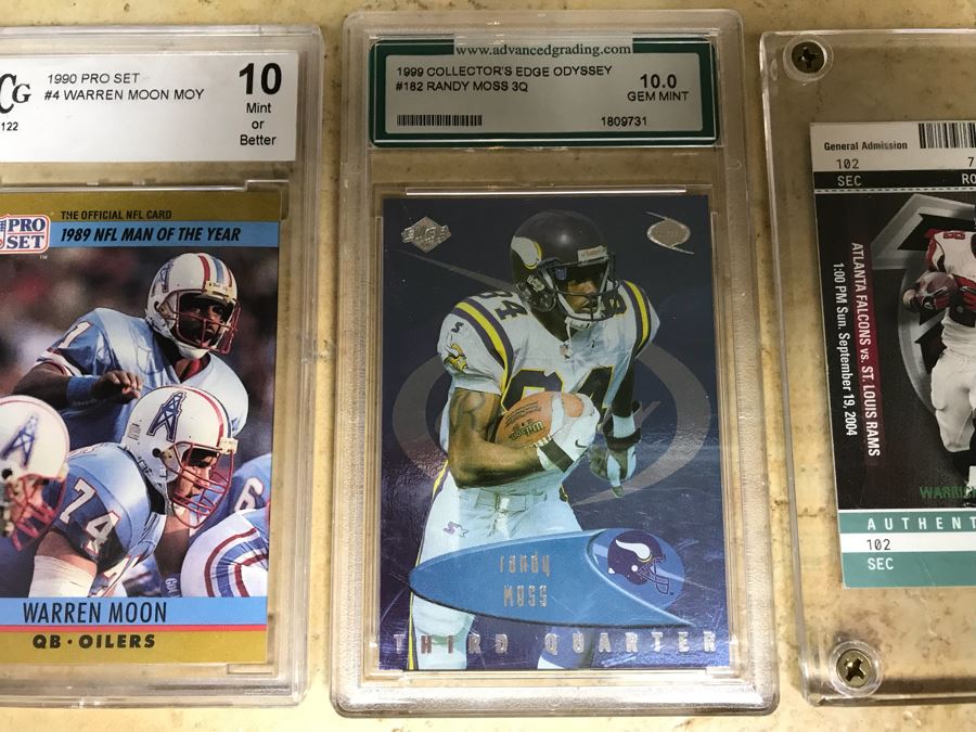 Football Cards Graded 10 Warren Moon MOY, Graded 10 Randy Moss 3Q, Warrick Dunn Limited Edition Ticket Card 1 Of 100 [Photo 4]