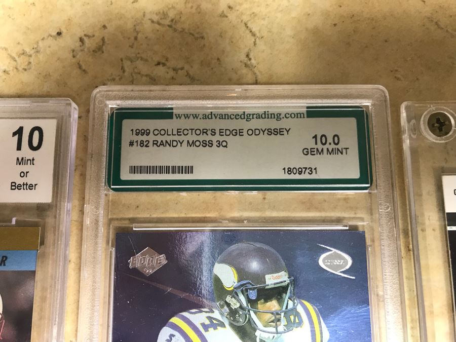 Football Cards Graded 10 Warren Moon MOY, Graded 10 Randy Moss 3Q, Warrick Dunn Limited Edition Ticket Card 1 Of 100 [Photo 5]