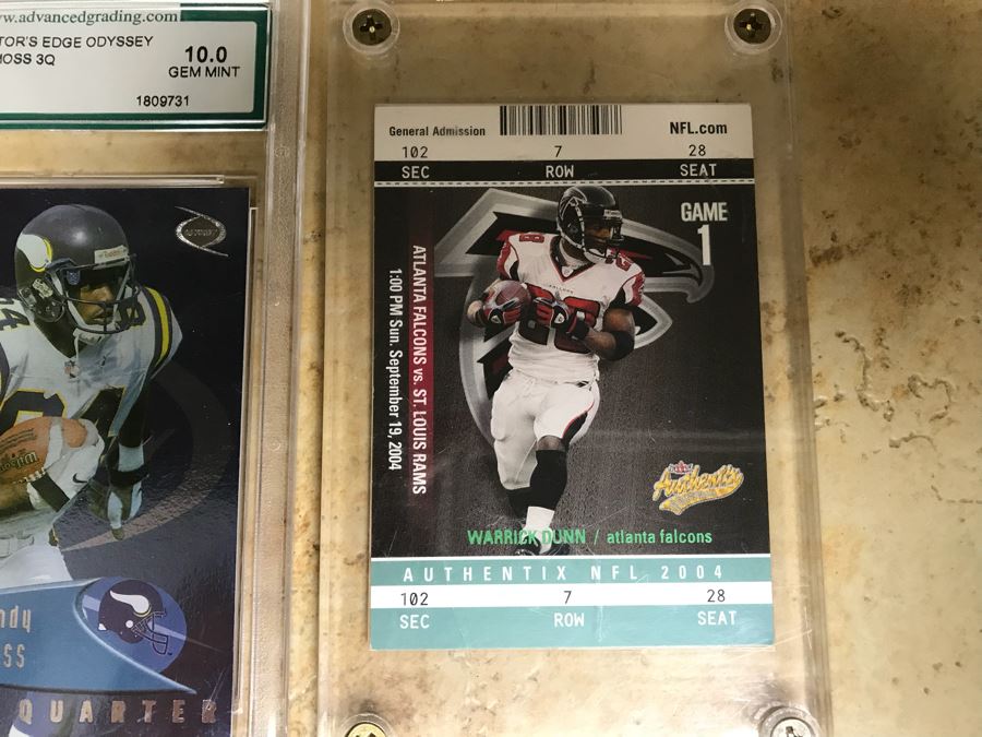 Football Cards Graded 10 Warren Moon MOY, Graded 10 Randy Moss 3Q, Warrick Dunn Limited Edition Ticket Card 1 Of 100 [Photo 6]