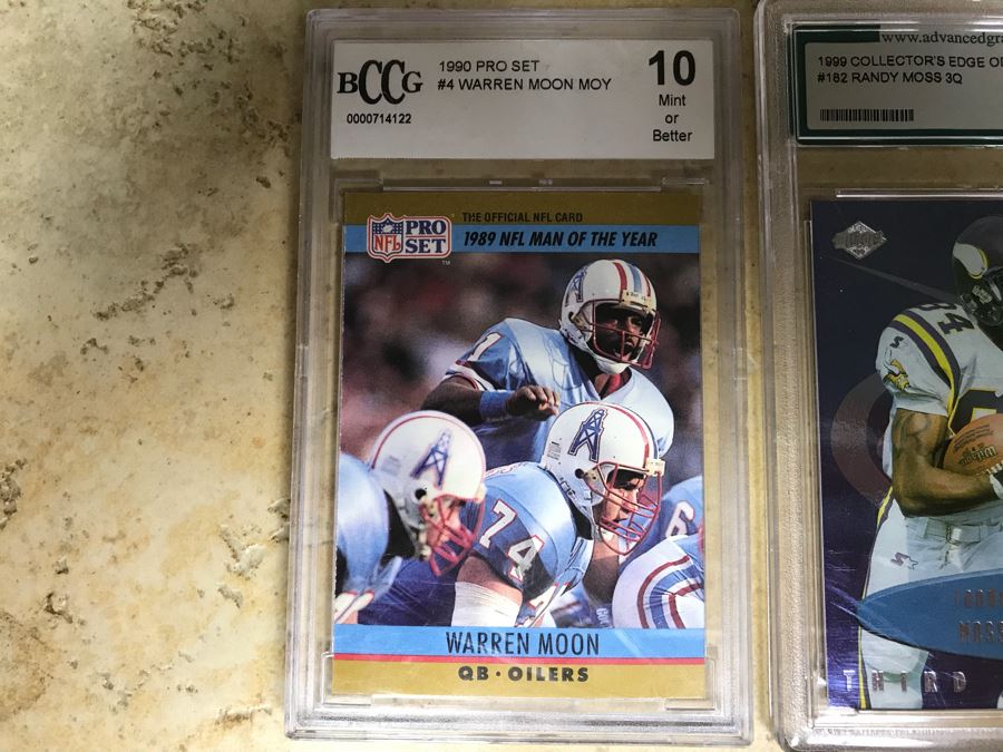 Football Cards Graded 10 Warren Moon MOY, Graded 10 Randy Moss 3Q, Warrick Dunn Limited Edition Ticket Card 1 Of 100 [Photo 2]