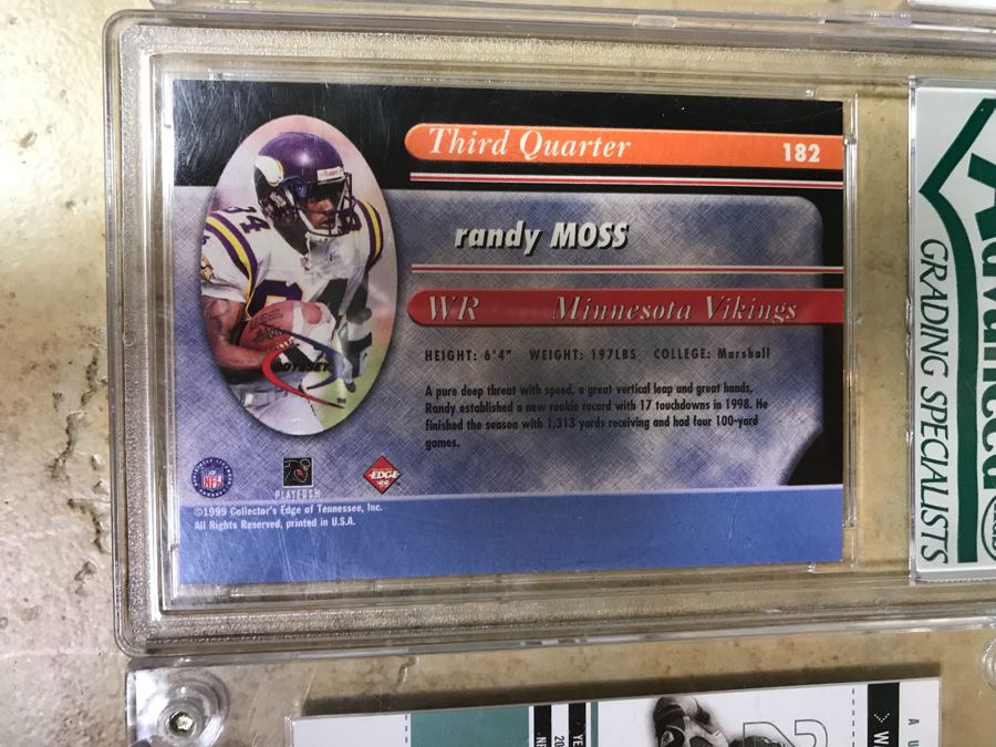 Football Cards Graded 10 Warren Moon MOY, Graded 10 Randy Moss 3Q, Warrick Dunn Limited Edition Ticket Card 1 Of 100 [Photo 9]