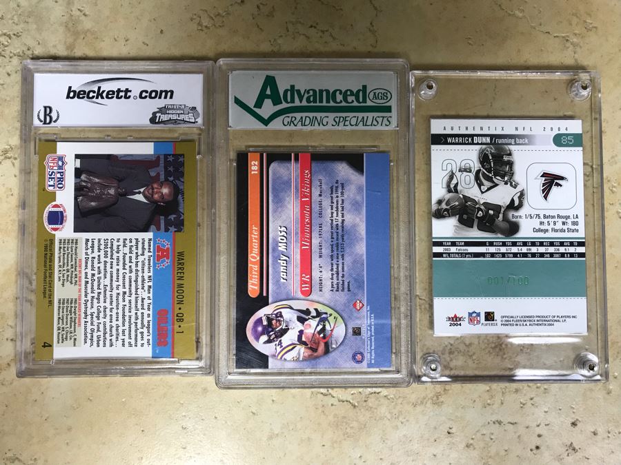 Football Cards Graded 10 Warren Moon MOY, Graded 10 Randy Moss 3Q, Warrick Dunn Limited Edition Ticket Card 1 Of 100 [Photo 7]