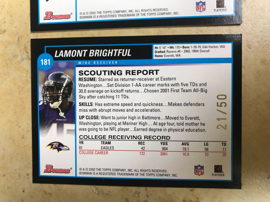 (2) Rookie Football Cards: Lamont Brightful And Lamont Thompson And (2) Limited Edition Cards Tony Gonzalez And Shaun Alexander [Photo 10]