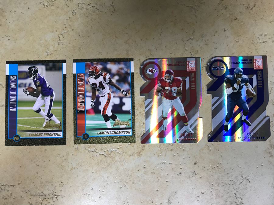 (2) Rookie Football Cards: Lamont Brightful And Lamont Thompson And (2) Limited Edition Cards Tony Gonzalez And Shaun Alexander [Photo 1]