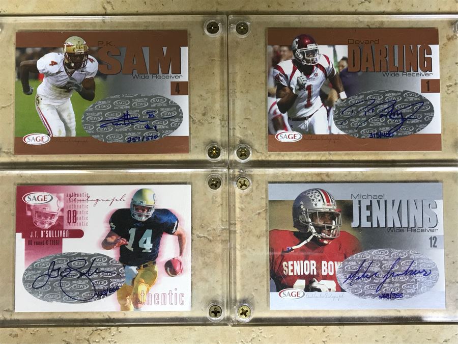 (4) SAGE Signed Football Cards: P. K. Sam, Devard Darling, J. T. O ...