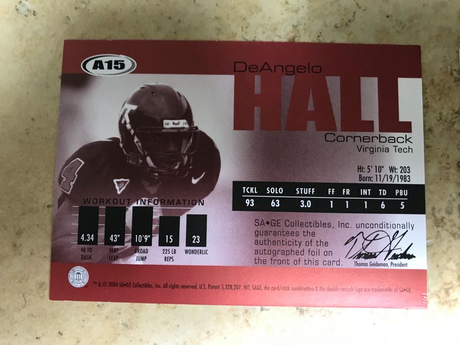 Pair Of Signed Football Cards DeAngelo Hall 2004 SAGE Virginia Tech And 2004 Upper Deck Limited Edition [Photo 7]