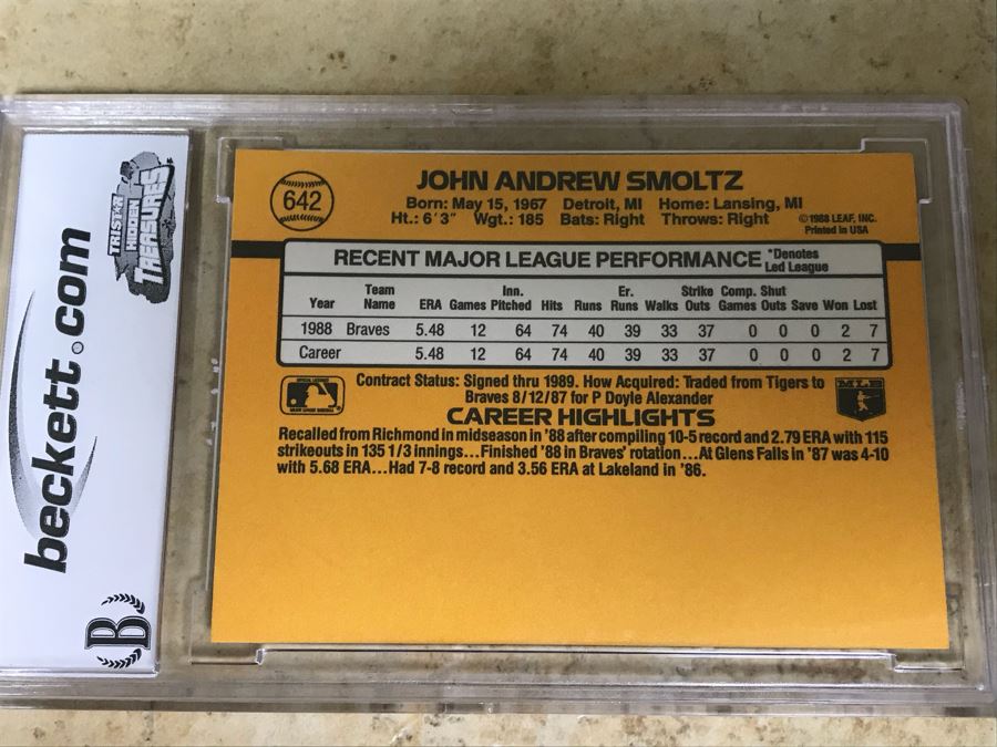 1989 Donruss Graded 10 Baseball Card John Smoltz [Photo 4]