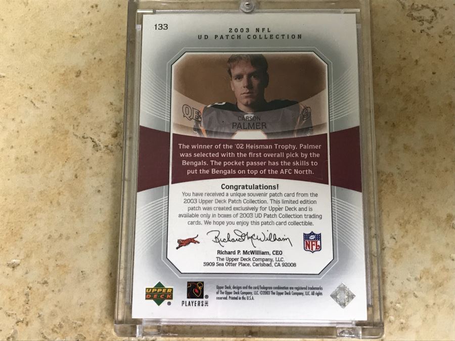 2003 Upper Deck Football Card Patch Collection Rookie Card Carson Palmer [Photo 3]