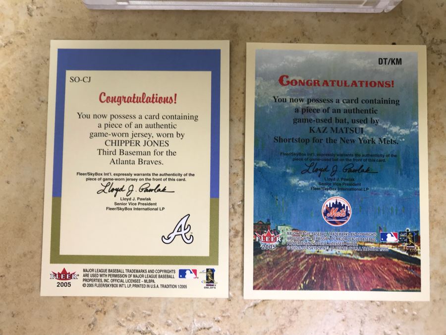 2005 Fleer Game-Worn Jersey Baseball Card Of Chipper Jones And Piece Of Game-Used Bat Baseball Card Of Kaz Matsui [Photo 6]