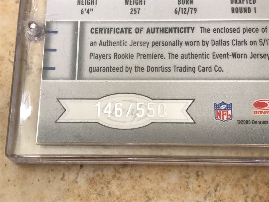 2003 Donruss Rookie Event-Worn Jersey Football Card Dallas Clark Limited Edition [Photo 4]