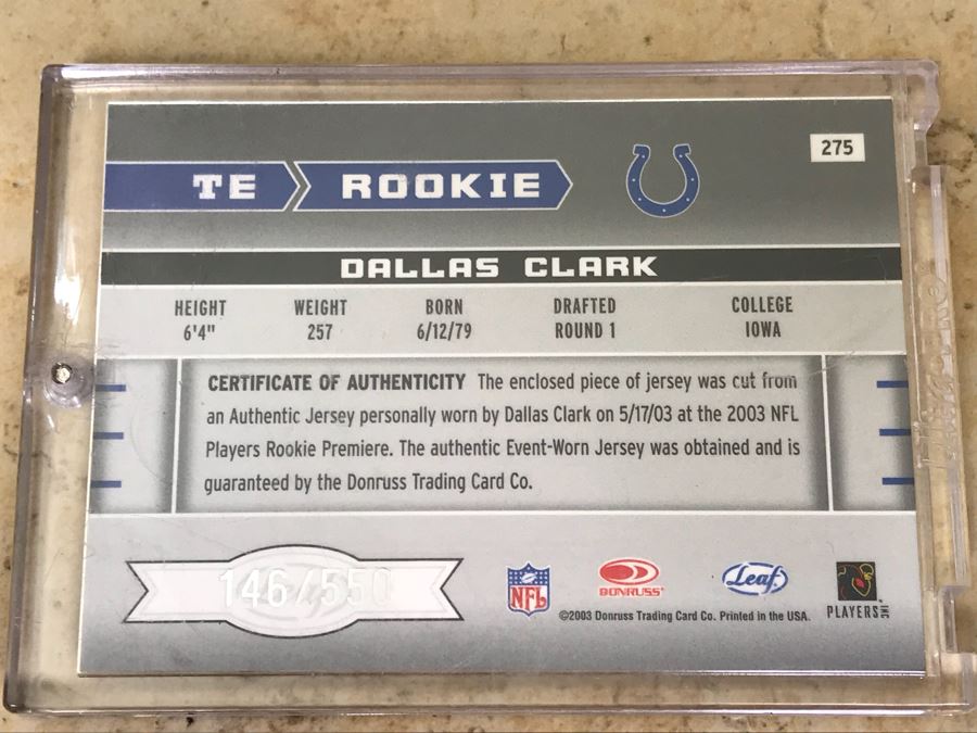 2003 Donruss Rookie Event-Worn Jersey Football Card Dallas Clark Limited Edition [Photo 3]