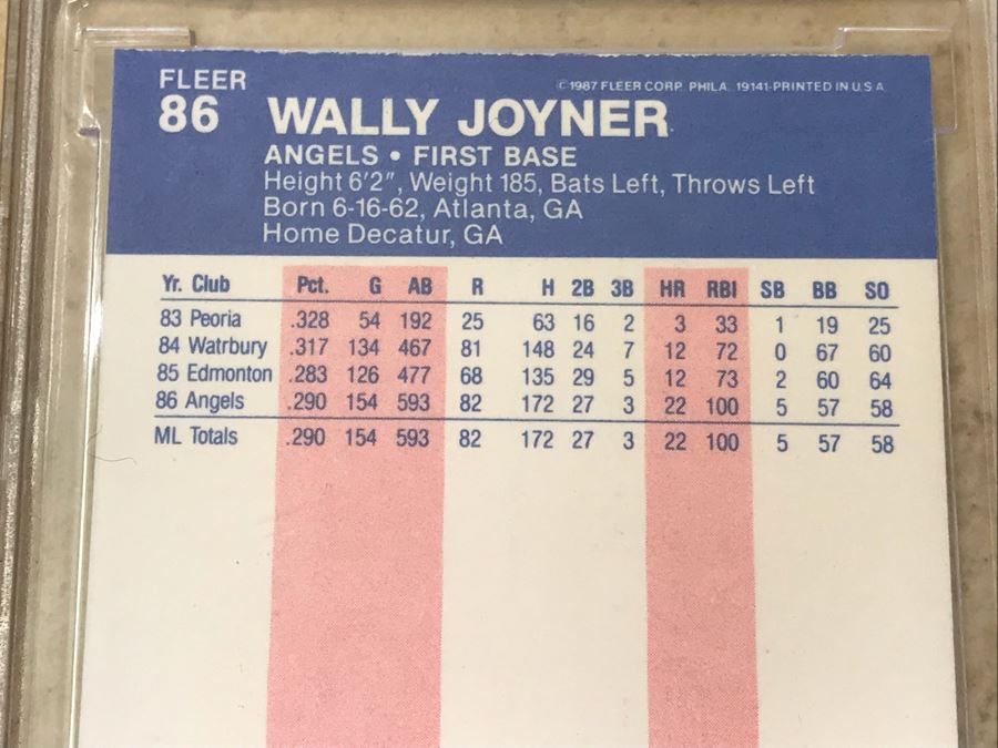 1987 Fleer Graded 10 Wally Joyner Baseball Card [Photo 4]