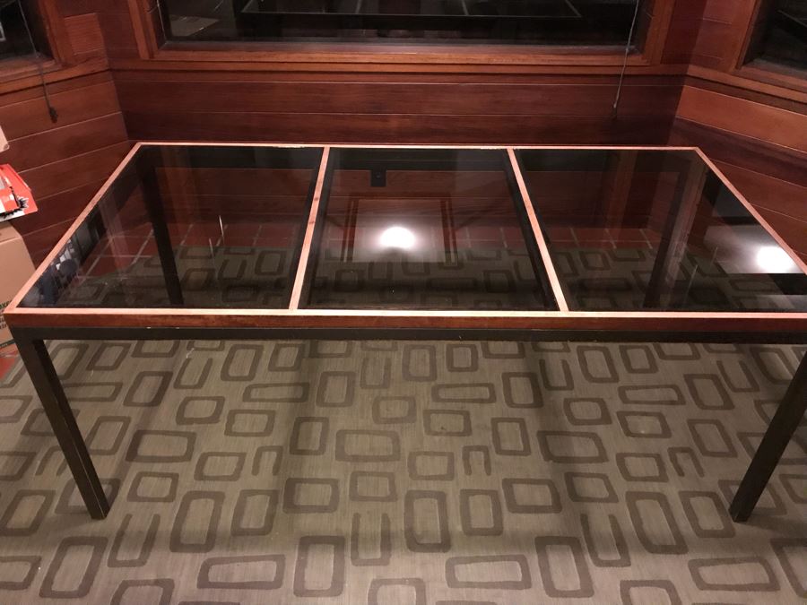 Modernist Dining Table Constructed Of Wooden Sides Metal Legs And A 3-Panel Glass Top [Photo 2]