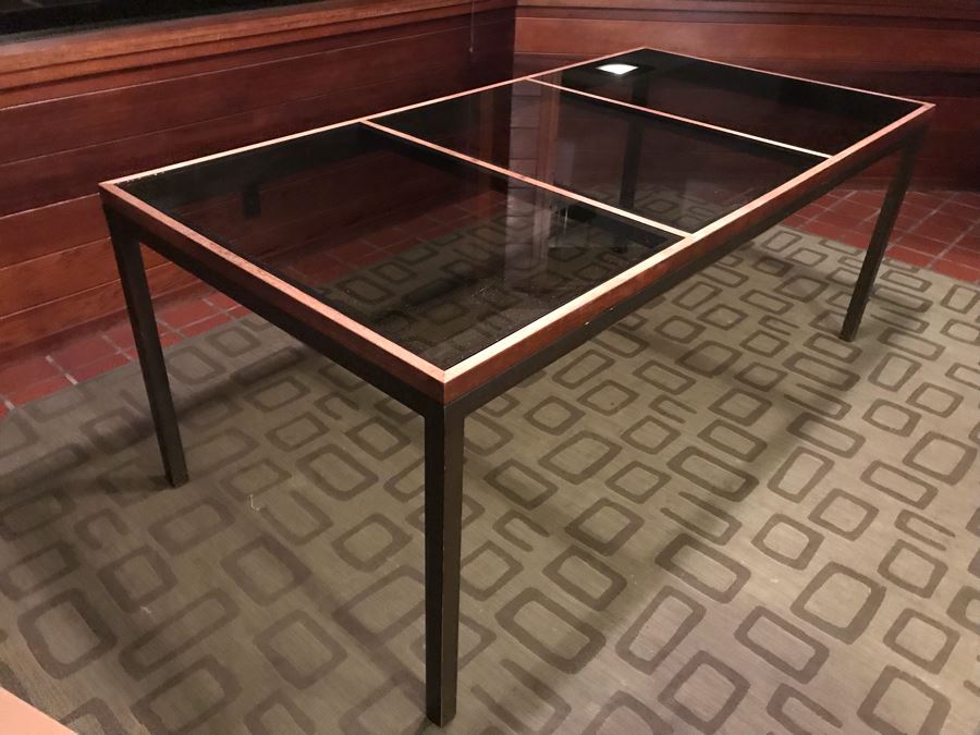 Modernist Dining Table Constructed Of Wooden Sides Metal Legs And A 3-Panel Glass Top [Photo 4]