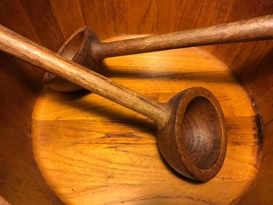 Large Wooden Salad Bowl With Wooden Spoons, Wooden Tray, (12) Carved Wooden Bowls (Some DANSK) And Frank Lloyd Wright Style Wooden Trivet [Photo 14]