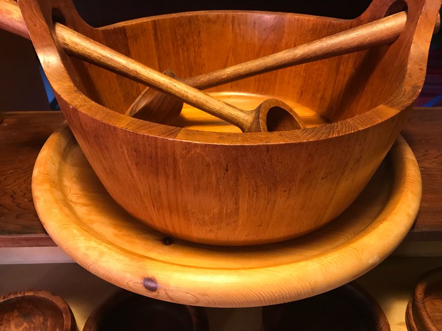 Large Wooden Salad Bowl With Wooden Spoons, Wooden Tray, (12) Carved Wooden Bowls (Some DANSK) And Frank Lloyd Wright Style Wooden Trivet [Photo 4]