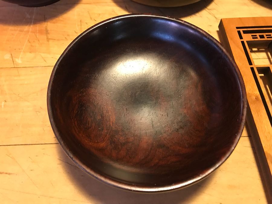 Large Wooden Salad Bowl With Wooden Spoons, Wooden Tray, (12) Carved Wooden Bowls (Some DANSK) And Frank Lloyd Wright Style Wooden Trivet [Photo 6]