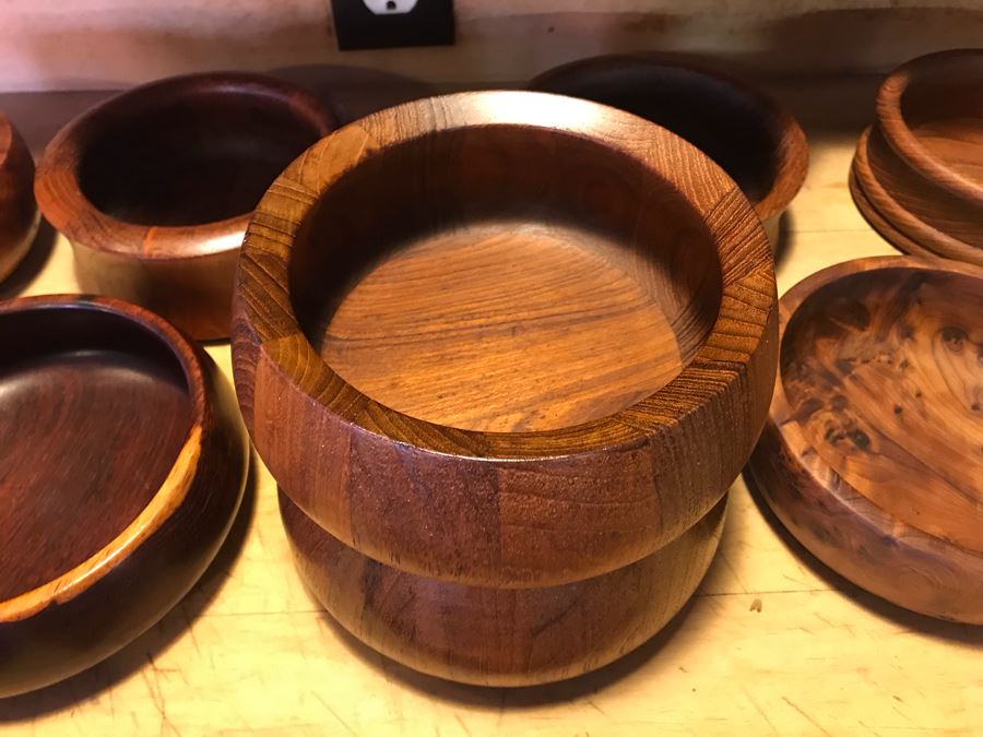 Large Wooden Salad Bowl With Wooden Spoons, Wooden Tray, (12) Carved Wooden Bowls (Some DANSK) And Frank Lloyd Wright Style Wooden Trivet [Photo 8]