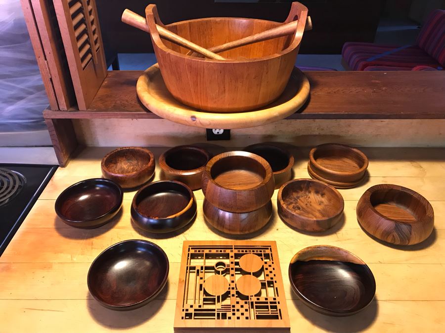 Large Wooden Salad Bowl With Wooden Spoons, Wooden Tray, (12) Carved Wooden Bowls (Some DANSK) And Frank Lloyd Wright Style Wooden Trivet