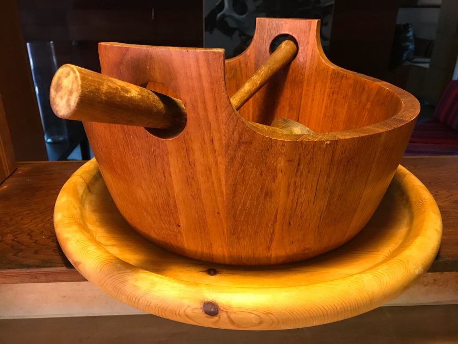 Large Wooden Salad Bowl With Wooden Spoons, Wooden Tray, (12) Carved Wooden Bowls (Some DANSK) And Frank Lloyd Wright Style Wooden Trivet [Photo 15]