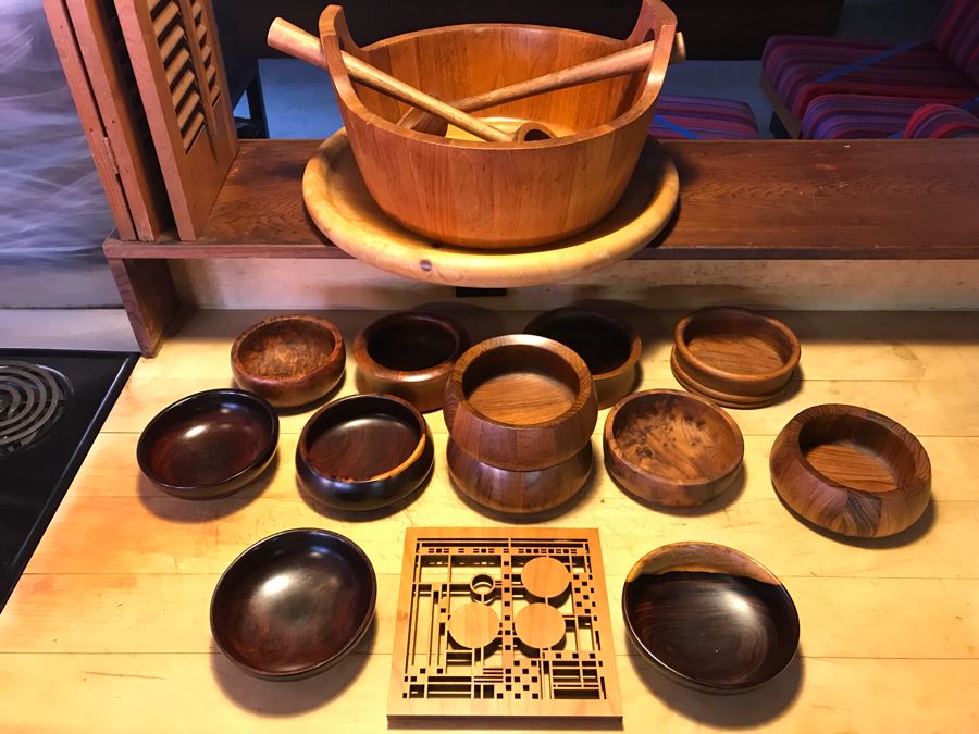 Large Wooden Salad Bowl With Wooden Spoons, Wooden Tray, (12) Carved Wooden Bowls (Some DANSK) And Frank Lloyd Wright Style Wooden Trivet [Photo 2]