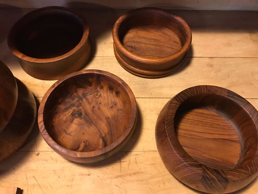 Large Wooden Salad Bowl With Wooden Spoons, Wooden Tray, (12) Carved Wooden Bowls (Some DANSK) And Frank Lloyd Wright Style Wooden Trivet [Photo 11]