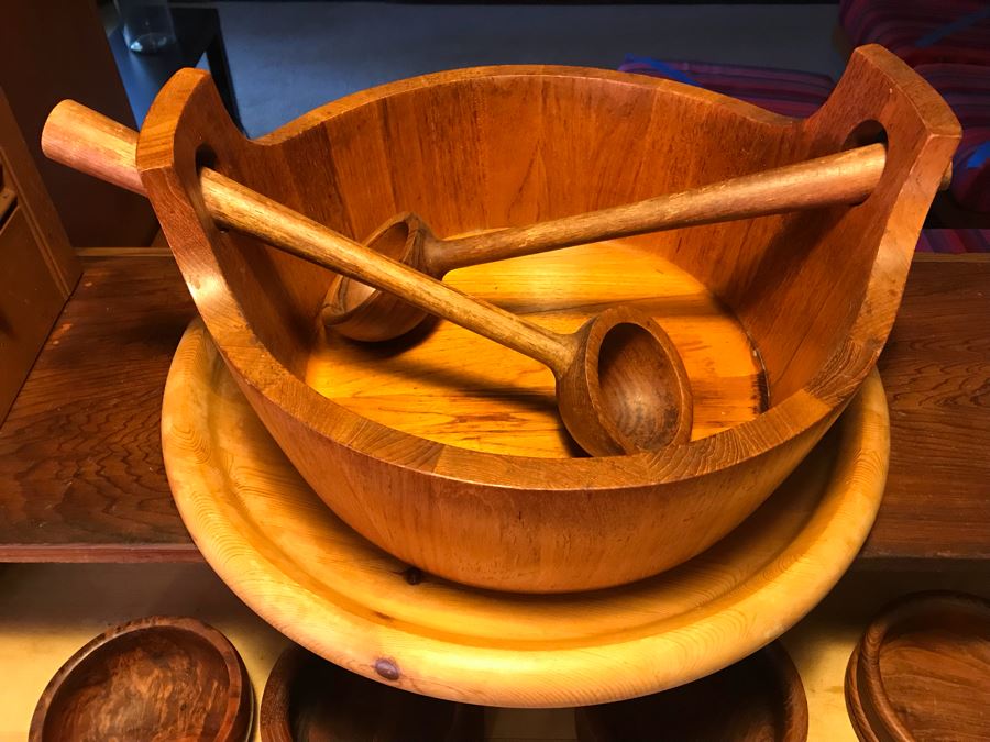 Large Wooden Salad Bowl With Wooden Spoons, Wooden Tray, (12) Carved Wooden Bowls (Some DANSK) And Frank Lloyd Wright Style Wooden Trivet [Photo 3]