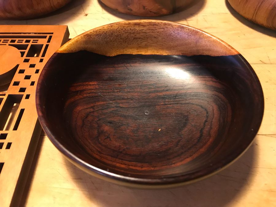 Large Wooden Salad Bowl With Wooden Spoons, Wooden Tray, (12) Carved Wooden Bowls (Some DANSK) And Frank Lloyd Wright Style Wooden Trivet [Photo 12]